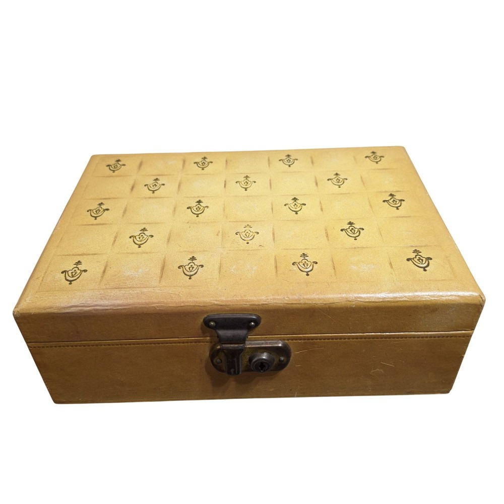 Vintage 60s Bond St Jewel Case Corp Tan Faux Leather Jewelry Box Red Lining USA